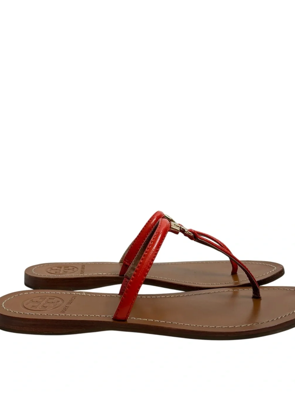 Tory Burch Red Leather Logo Thong Sandals with Gold Hardware